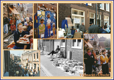 862148 Collage van zes foto's gemaakt tijdens de Vrijmarkt in de Utrechtse binnenstad.